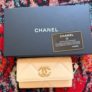 Chanel Beige Shiny Goatskin Quilted Chanel 19 Flap Wallet FULL SET